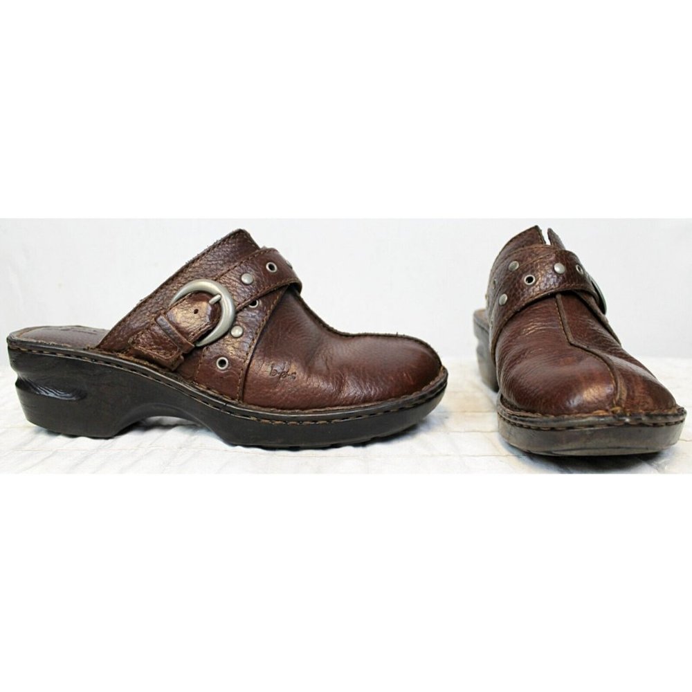 BOC Born Concept Woman Sz 9 Brown Leather Slip On Mules Clog Shoes Buckle Detail